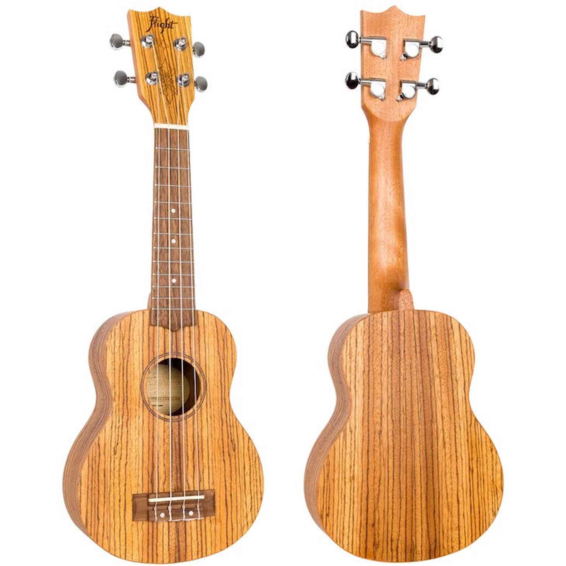 Flight DUS322 ZEB Soprano Ukulele met Zebrawood Body, Bone Topkam en Aquila Super Nylgut Snaren