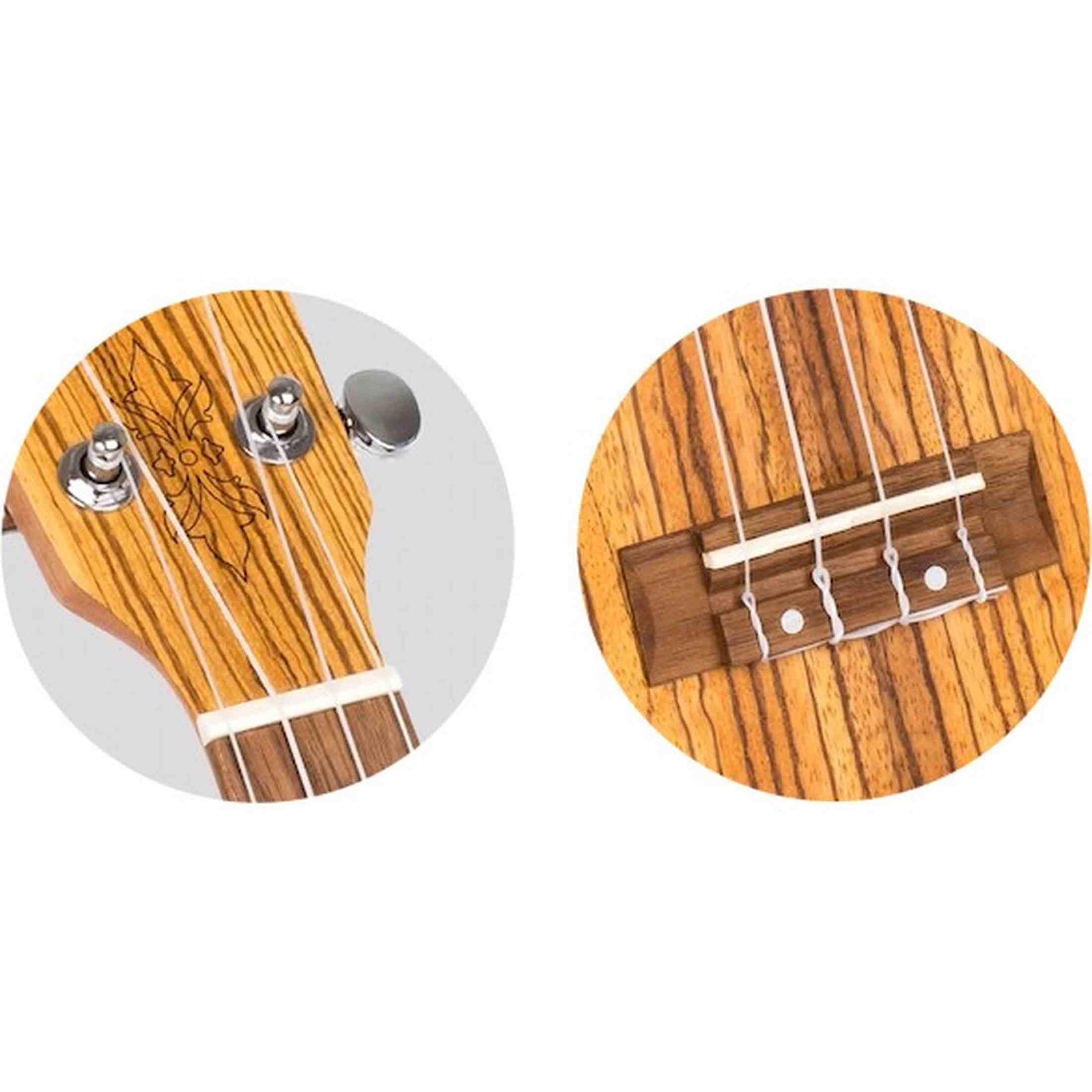 Flight DUS322 ZEB Soprano Ukulele met Zebrawood Body, Bone Topkam en Aquila Super Nylgut Snaren