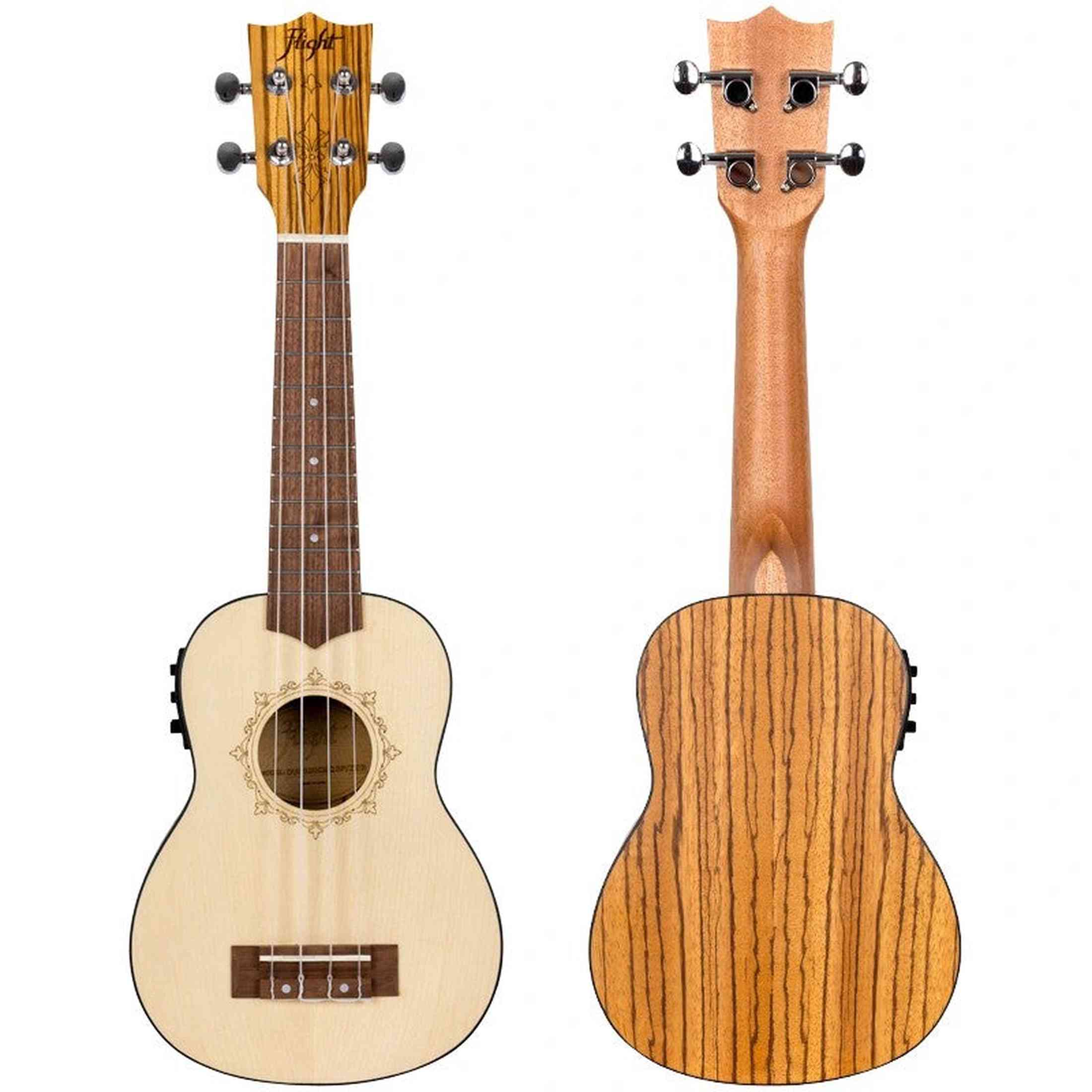 Flight DUS320 EQ SP/ZEB Soprano Ukulele met Spruce Top, Zebrawood Body en Ingebouwde Pickup met Tuner