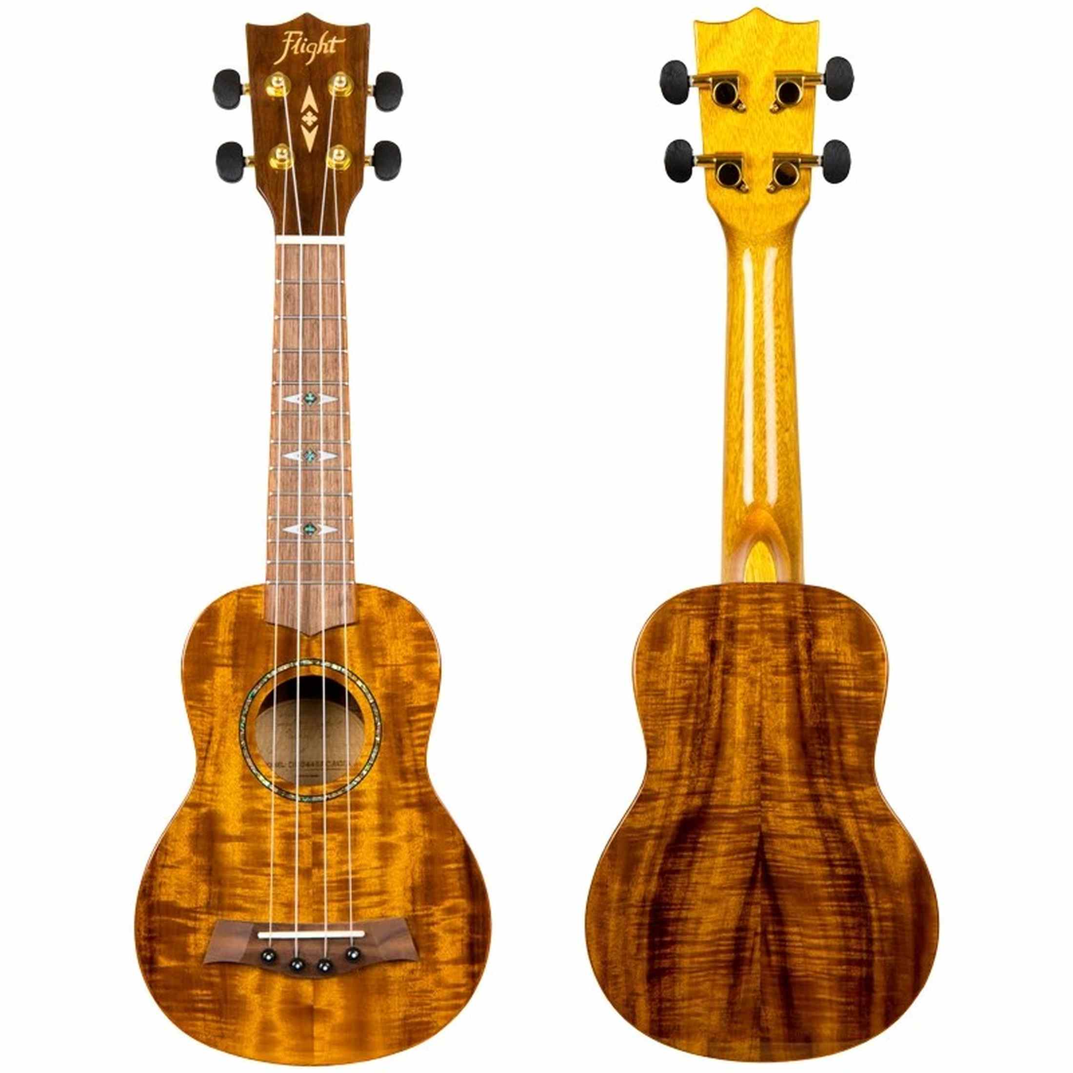 Flight DUS445 Acacia Soprano Ukulele met Gloss Acacia Body, Bone Topkam en Aquila Super Nylgut Snaren