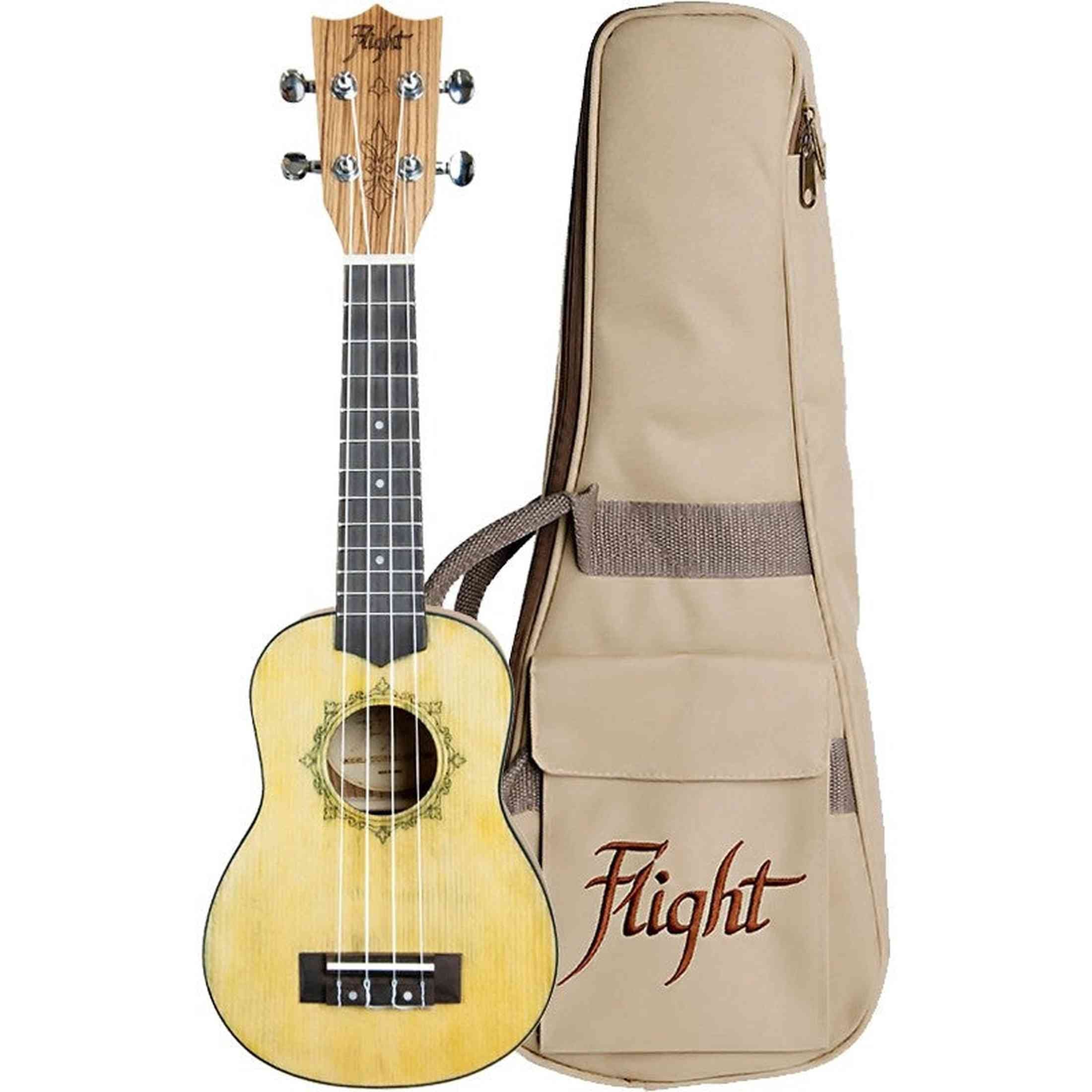 Flight DUS330 RELIC Soprano Ukulele met Distressed Spruce Top, Zebrawood Body en Aquila Super Nylgut Snaren