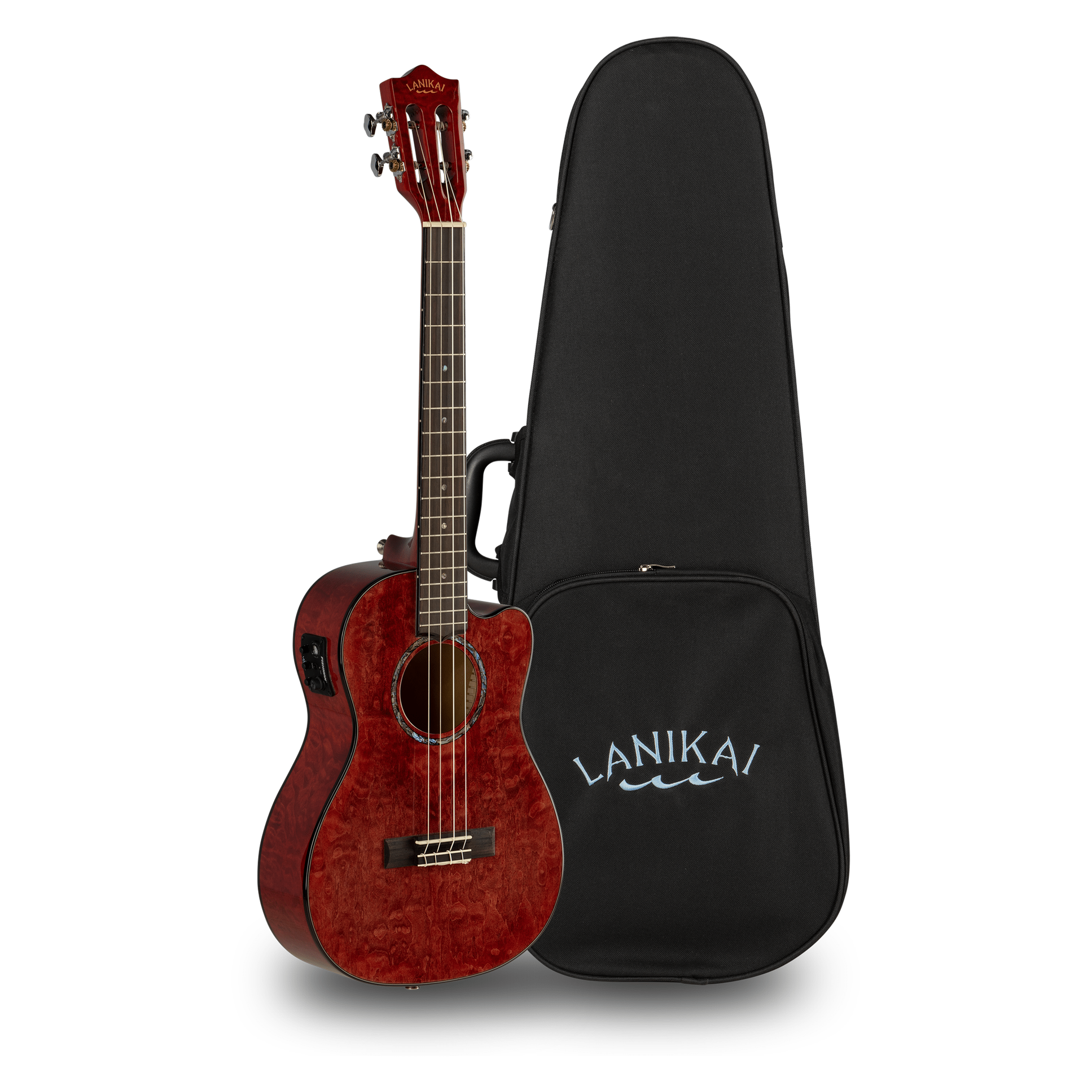 LANIKAI LKUQM-RDCEB Baritonukulele, Quilted Maple Serie, Red, Cutaway, Preamp, Sof