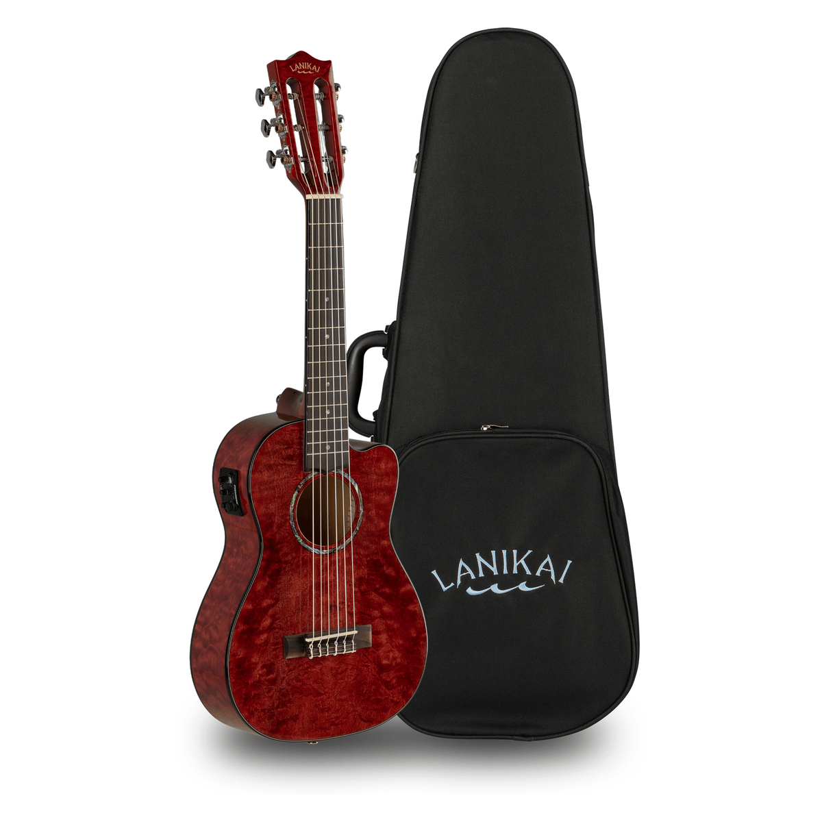 LANIKAI LKUQM-RDCEG Guitarlele, Quilted Maple Serie, Red, Cutaway, Preamp, Softcas