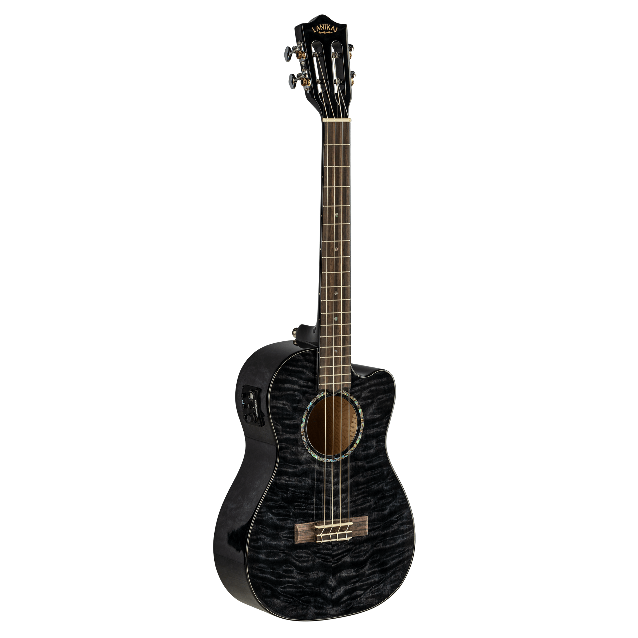 LANIKAI LKUQMBKCEB Baritonukulele, Quilted Maple Series, zwart, Cutaway, Preamp,