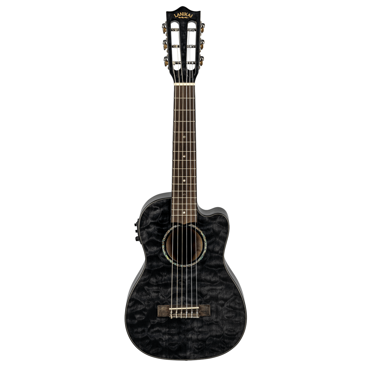 LANIKAI LKUQMBKCEG Guitarlele, Quilted Maple Serie, Black, Cutaway, Preamp, Softc
