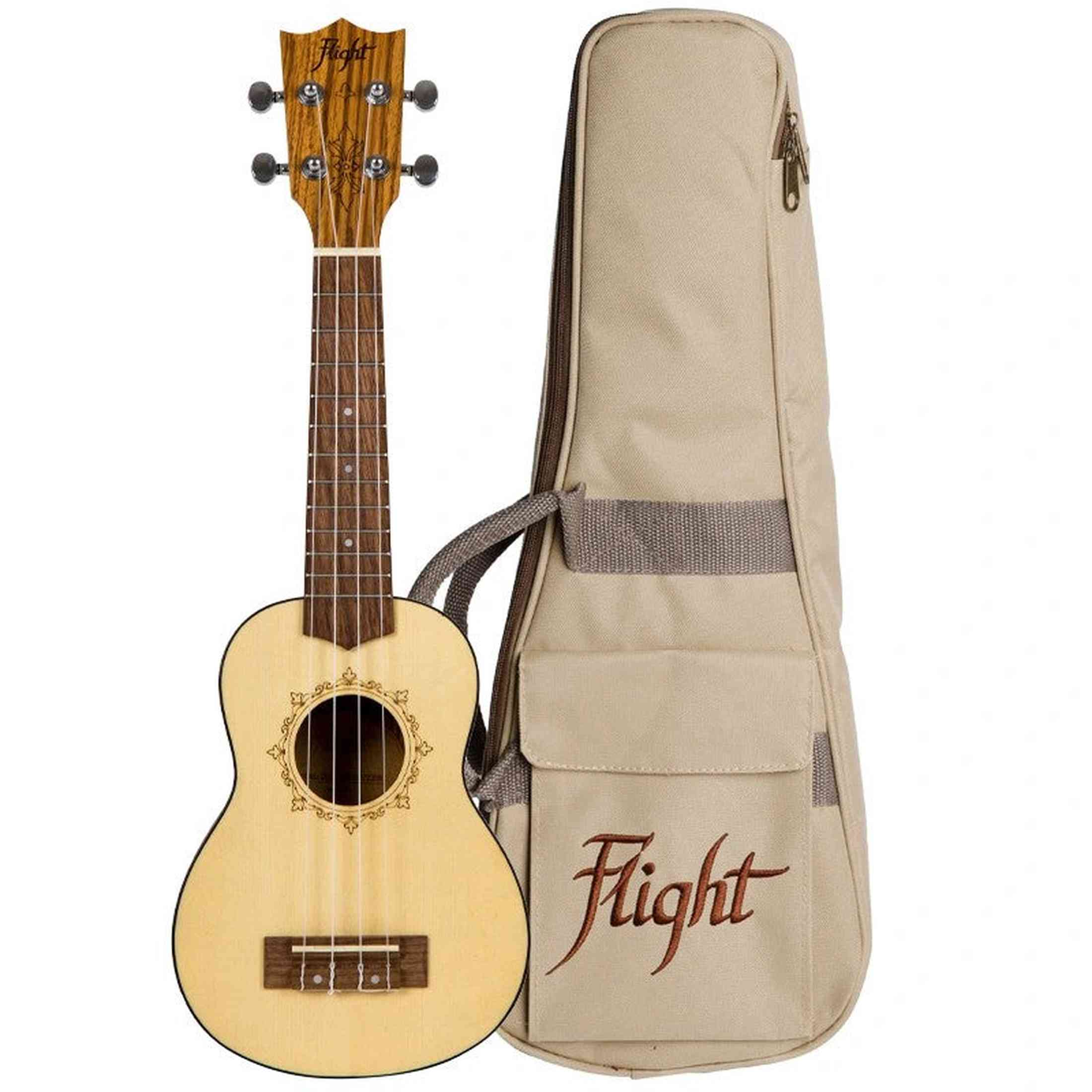 Flight DUS320 SP/ZEB Soprano Ukulele met Spruce Top, Zebrawood Body en Aquila Super Nylgut Snaren