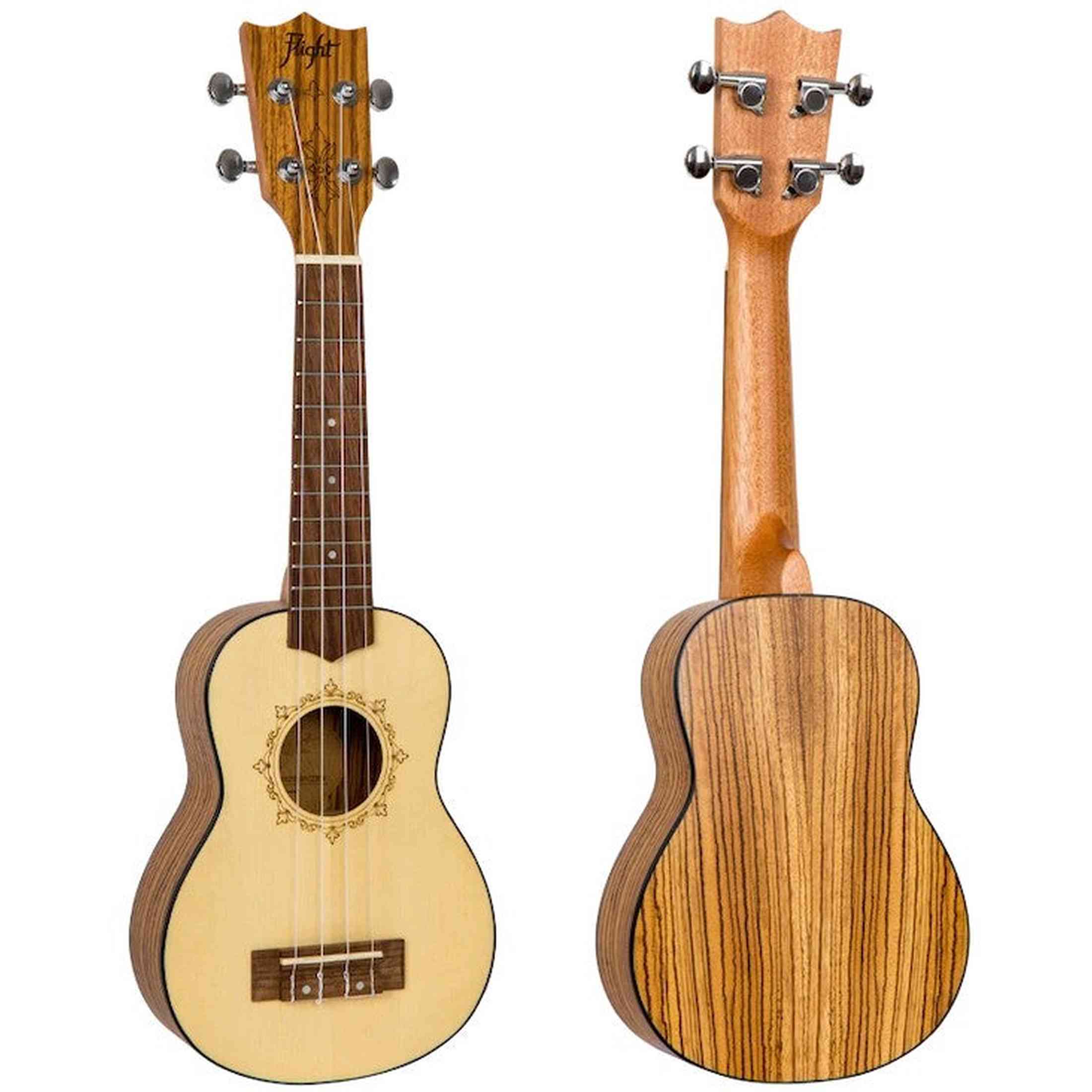 Flight DUS320 SP/ZEB Soprano Ukulele met Spruce Top, Zebrawood Body en Aquila Super Nylgut Snaren