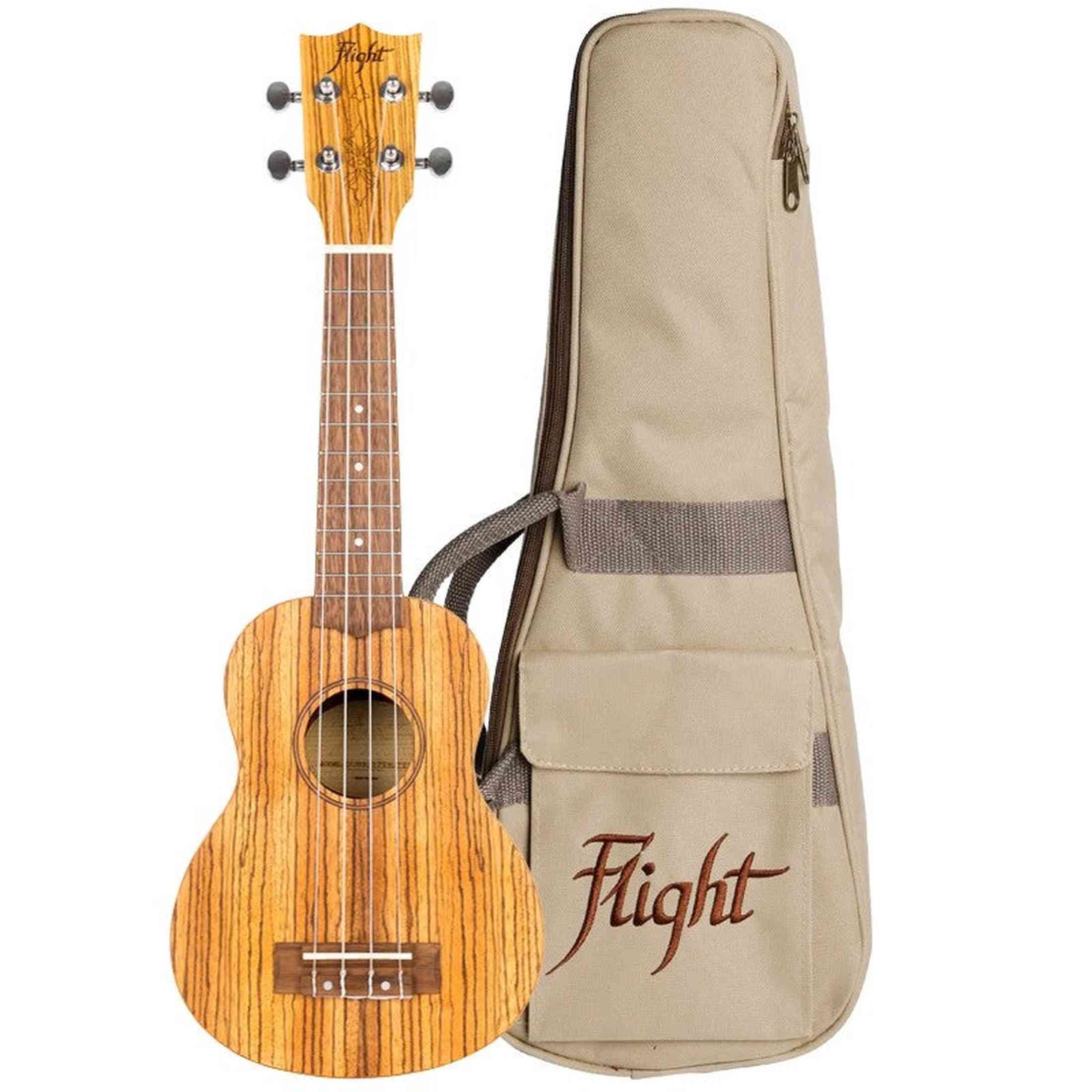 Flight DUS322 ZEB Soprano Ukulele met Zebrawood Body, Bone Topkam en Aquila Super Nylgut Snaren