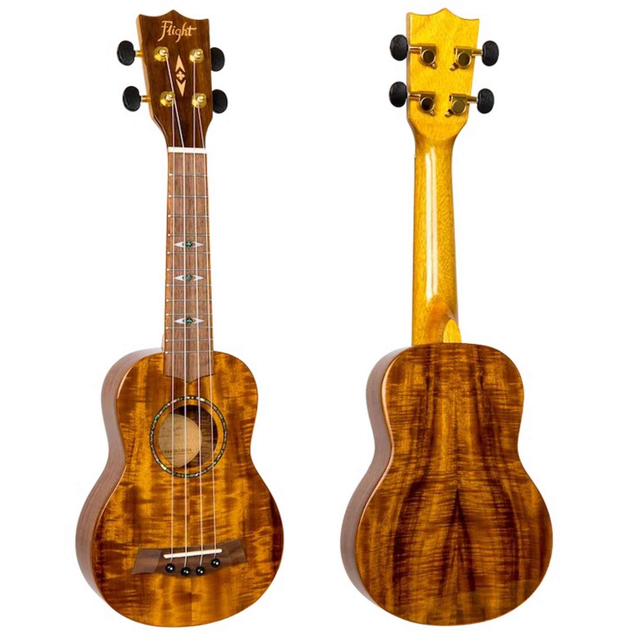 Flight DUS445 Acacia Soprano Ukulele met Gloss Acacia Body, Bone Topkam en Aquila Super Nylgut Snaren