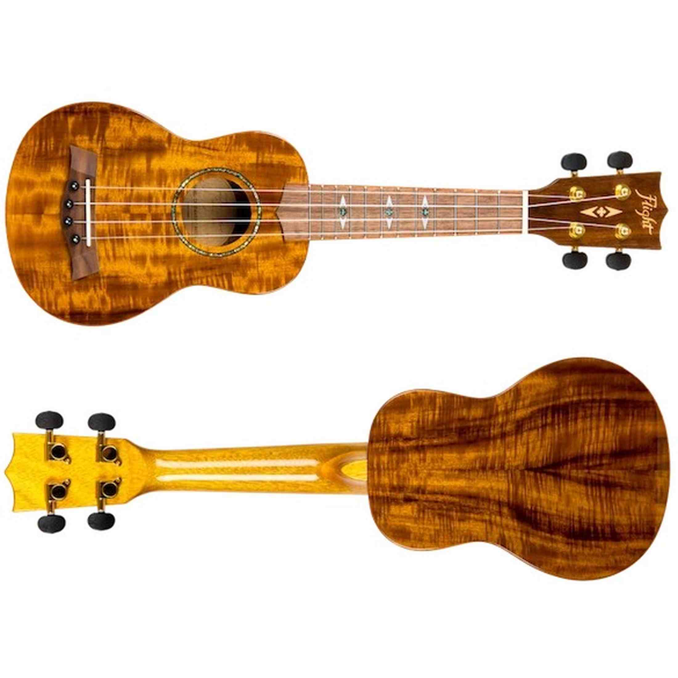 Flight DUS445 Acacia Soprano Ukulele met Gloss Acacia Body, Bone Topkam en Aquila Super Nylgut Snaren