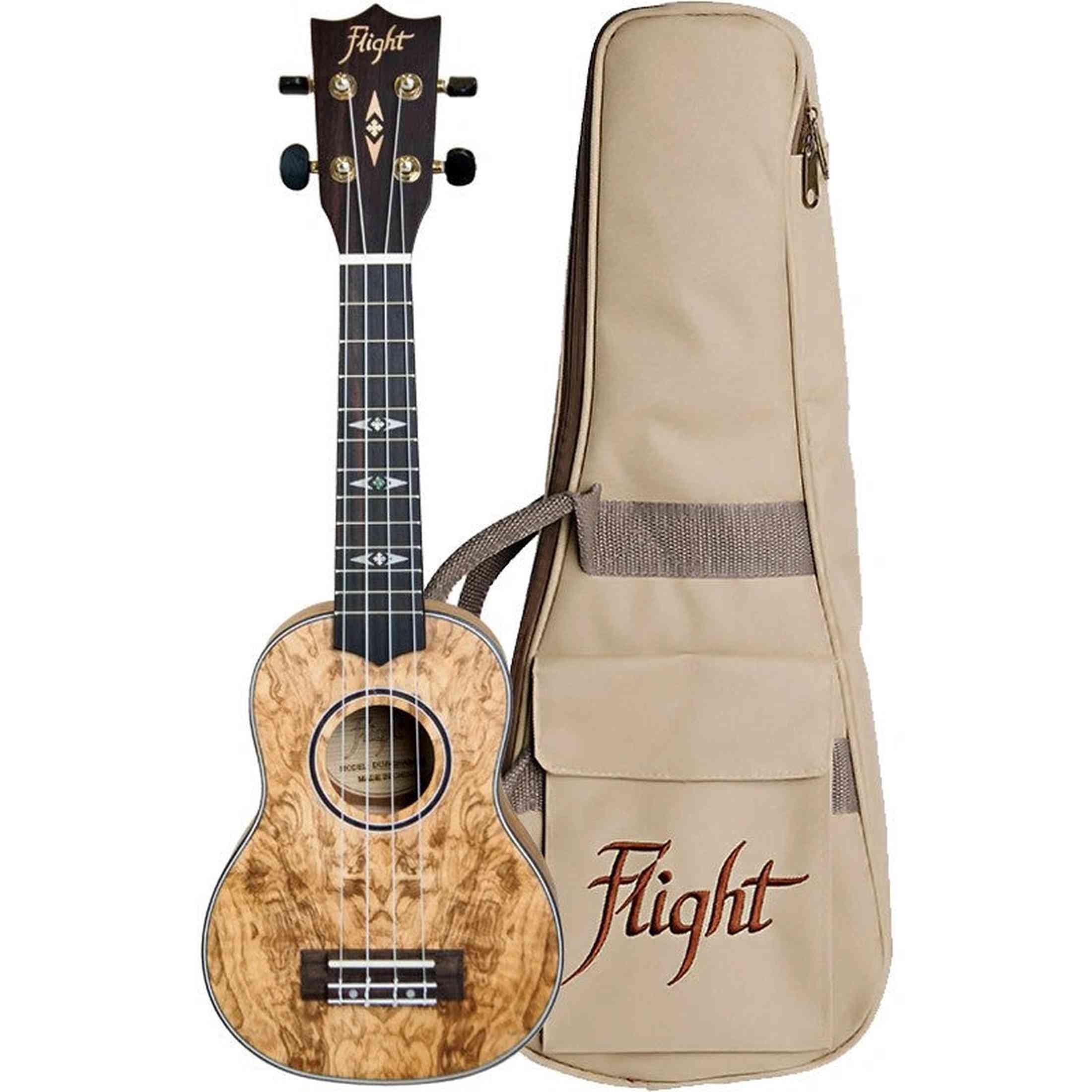 Flight DUS410 QA/QA Soprano Ukulele met Quilted Ash Body, Bone Topkam en Aquila Super Nylgut Snaren