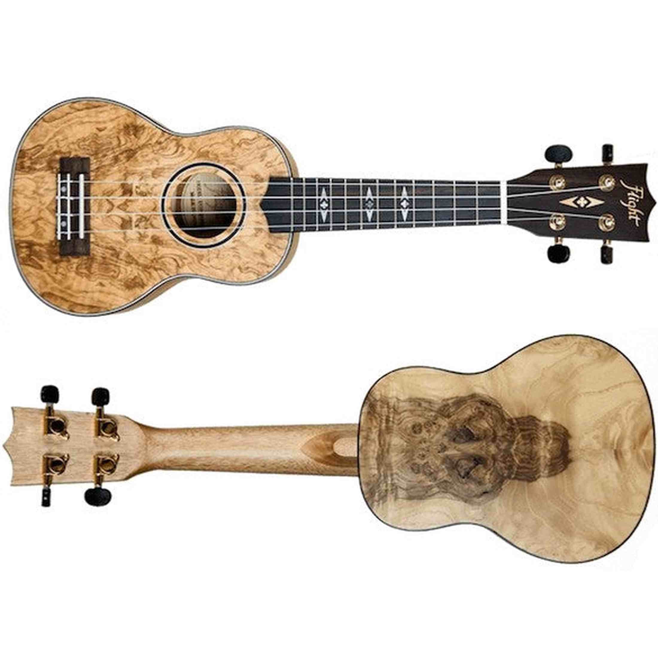 Flight DUS410 QA/QA Soprano Ukulele met Quilted Ash Body, Bone Topkam en Aquila Super Nylgut Snaren