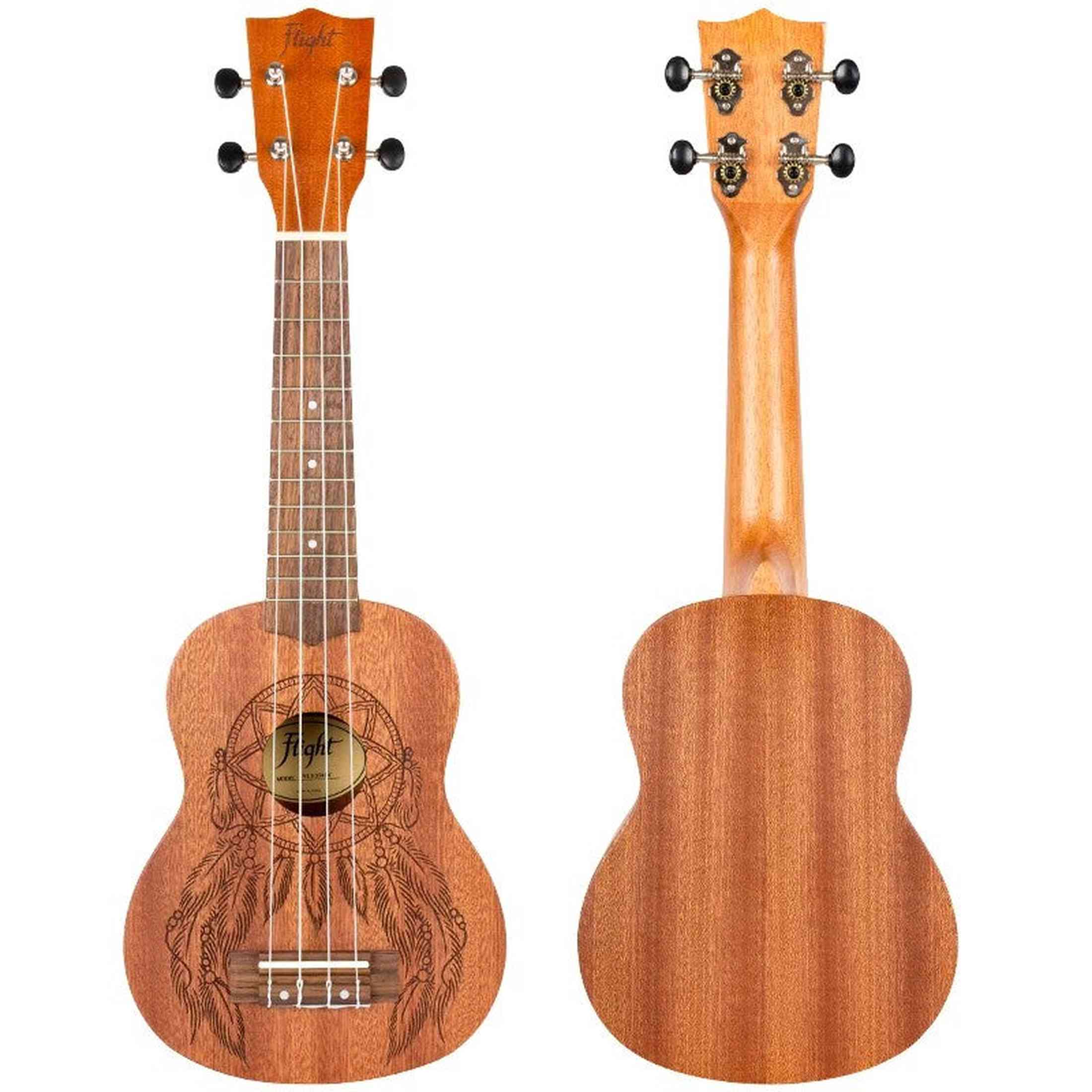 Flight NUS350 DC Soprano Ukulele met African Sapele Body, Dreamcatcher Lasergravure en Bone Topkam