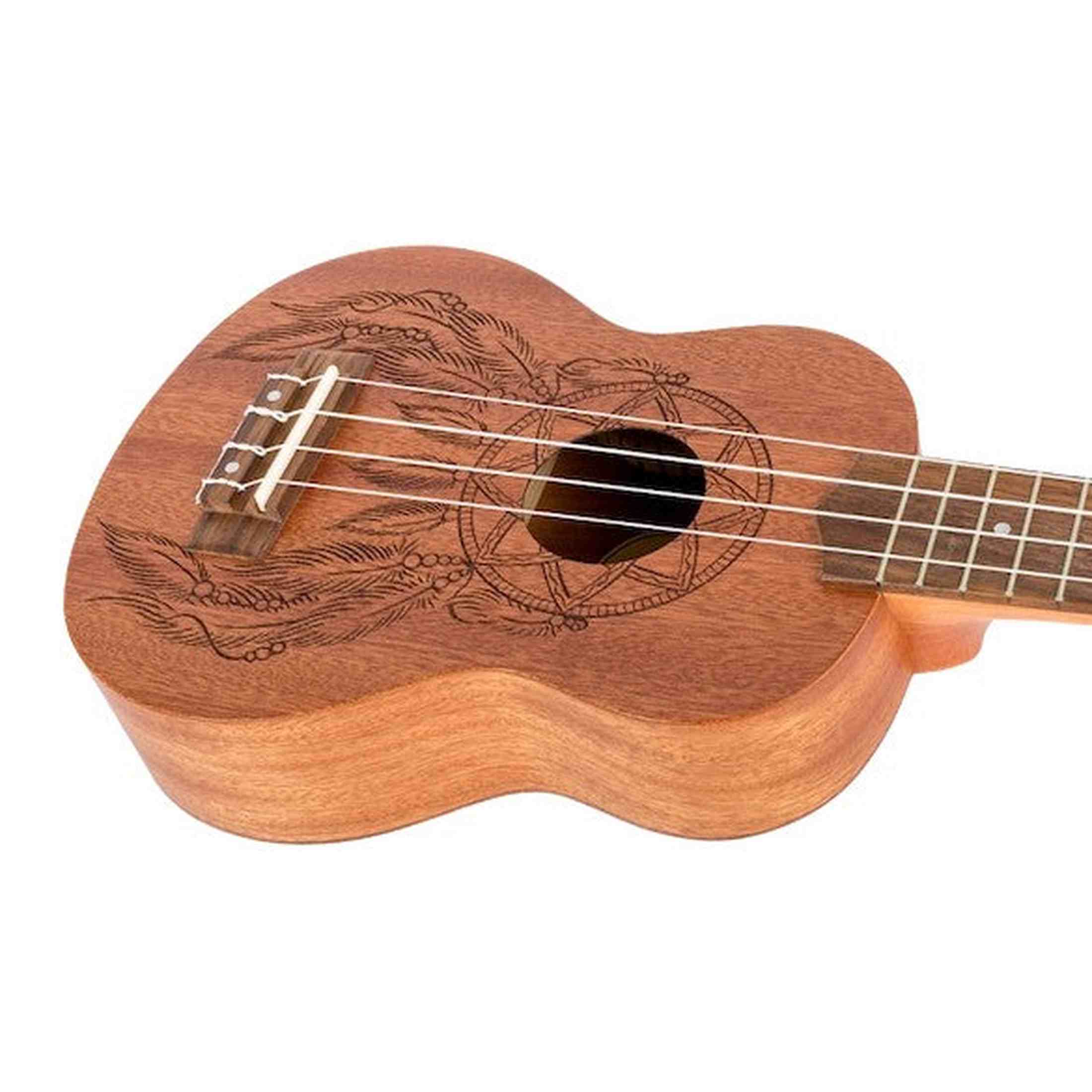 Flight NUS350 DC Soprano Ukulele met African Sapele Body, Dreamcatcher Lasergravure en Bone Topkam