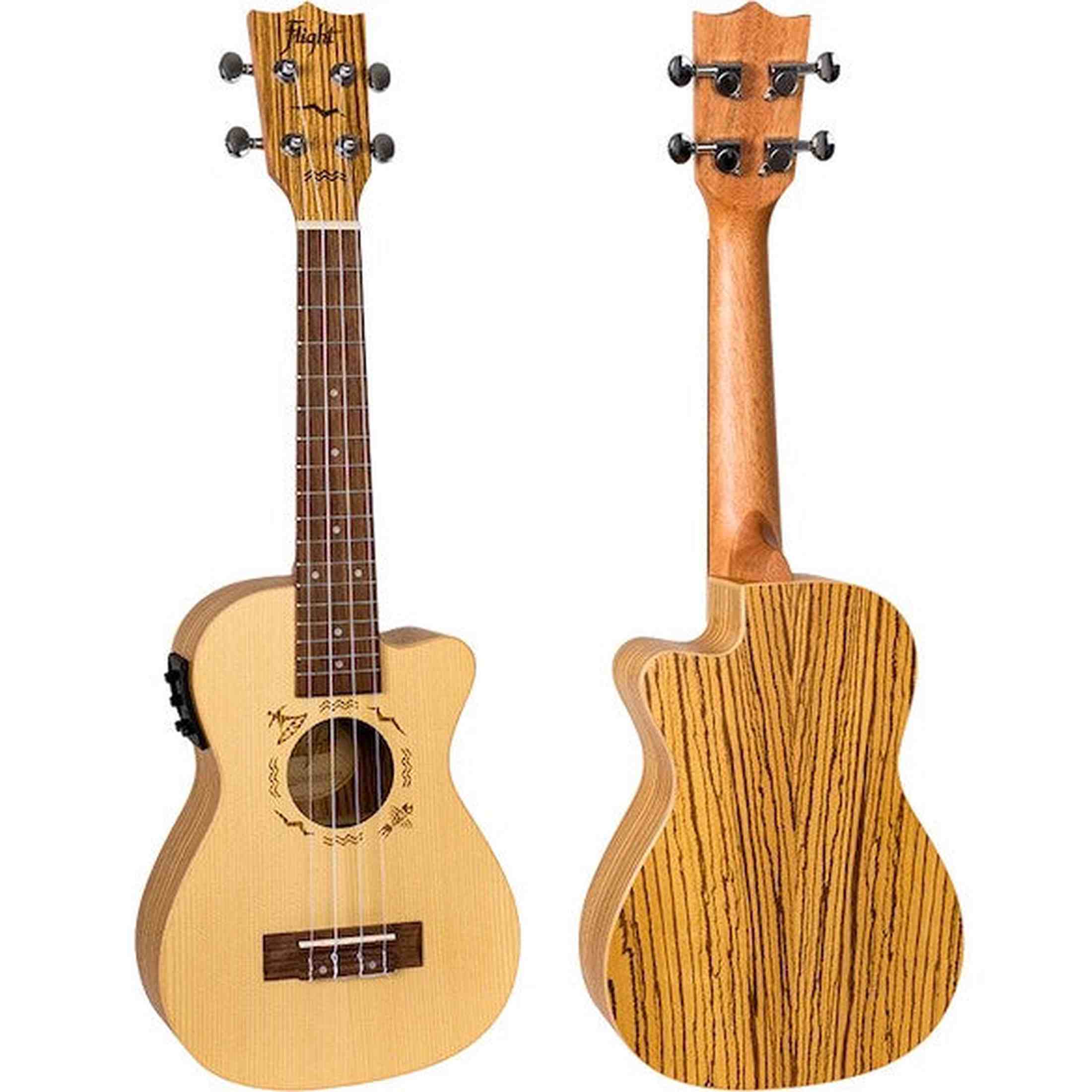 Flight DUC328 CEQ Elektrisch-Akoestische Concert Ukulele met Cutaway, Engelmann Spruce Top en Zebrawood Body