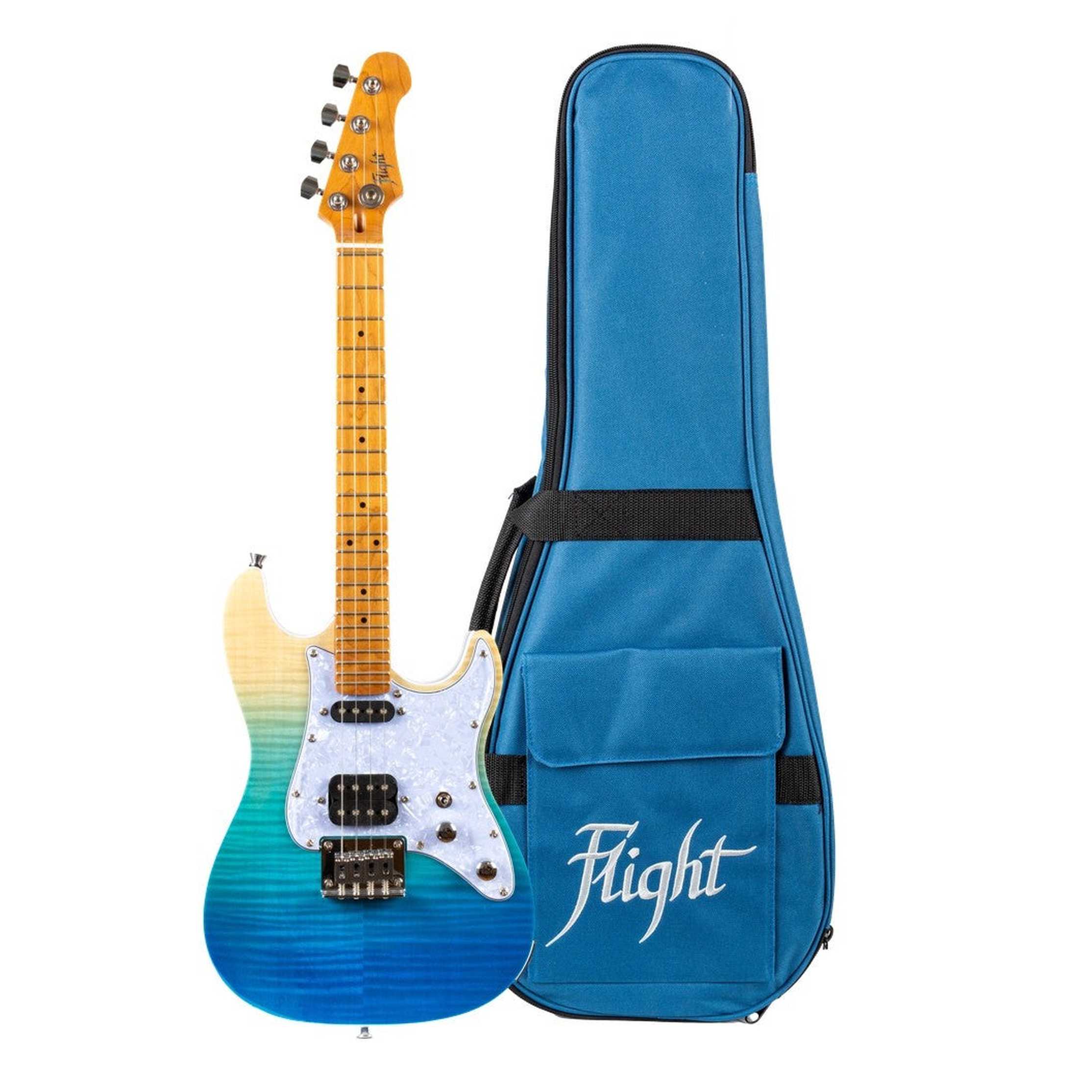 Flight Pathfinder Tenor TBL Elektrische Tenor Ukulele met Flame Maple Top en Transparent Blue Afwerking