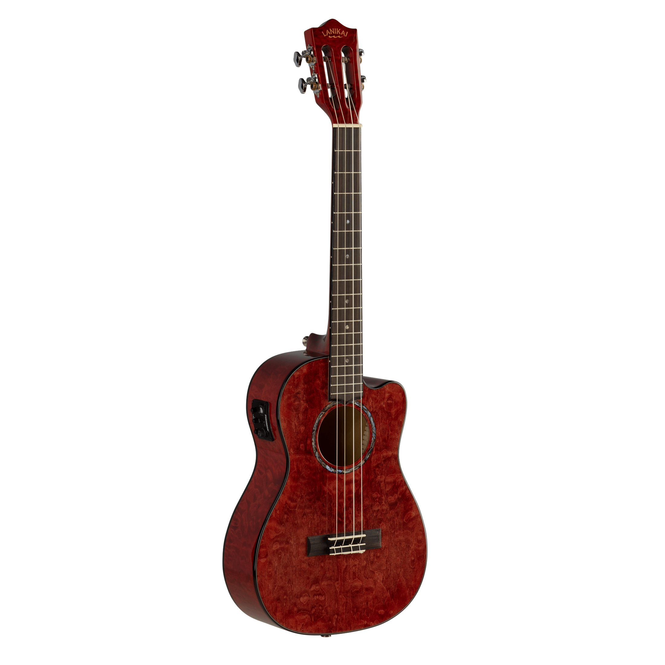 LANIKAI LKUQM-RDCEB Baritonukulele, Quilted Maple Serie, Red, Cutaway, Preamp, Sof