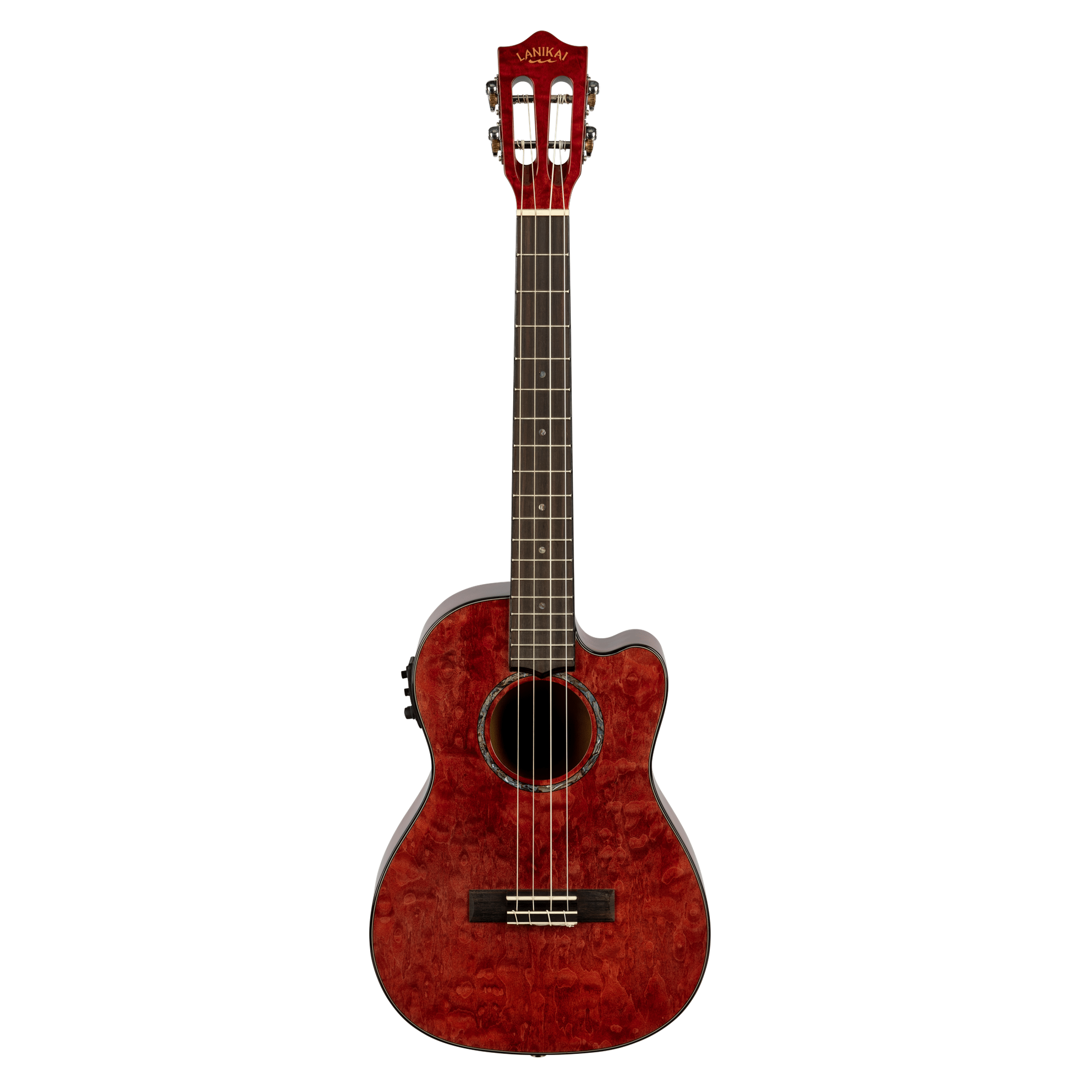 LANIKAI LKUQM-RDCEB Baritonukulele, Quilted Maple Serie, Red, Cutaway, Preamp, Sof