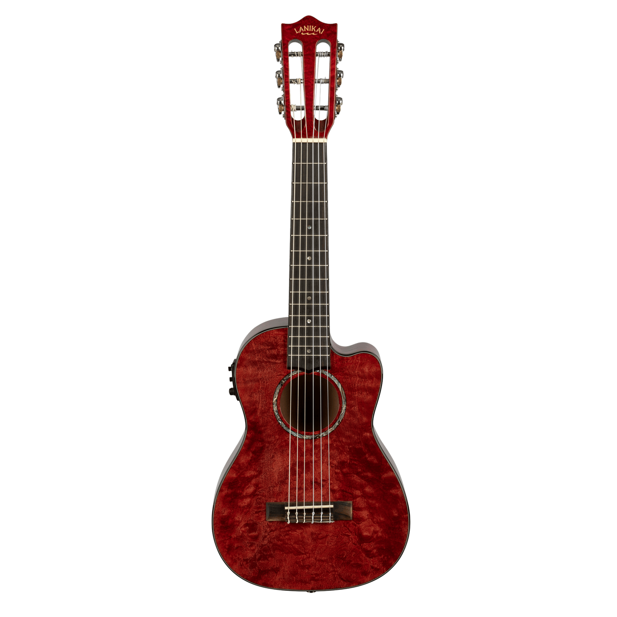 LANIKAI LKUQM-RDCEG Guitarlele, Quilted Maple Serie, Red, Cutaway, Preamp, Softcas