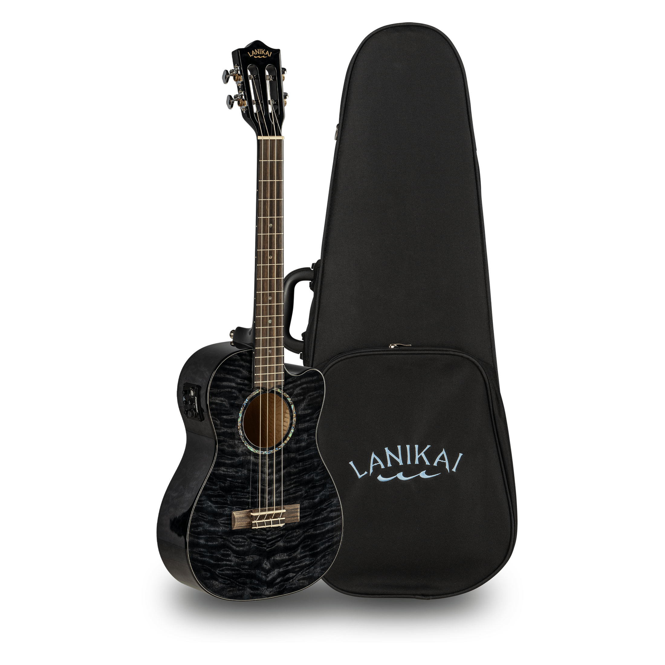 LANIKAI LKUQMBKCEB Baritonukulele, Quilted Maple Series, zwart, Cutaway, Preamp,