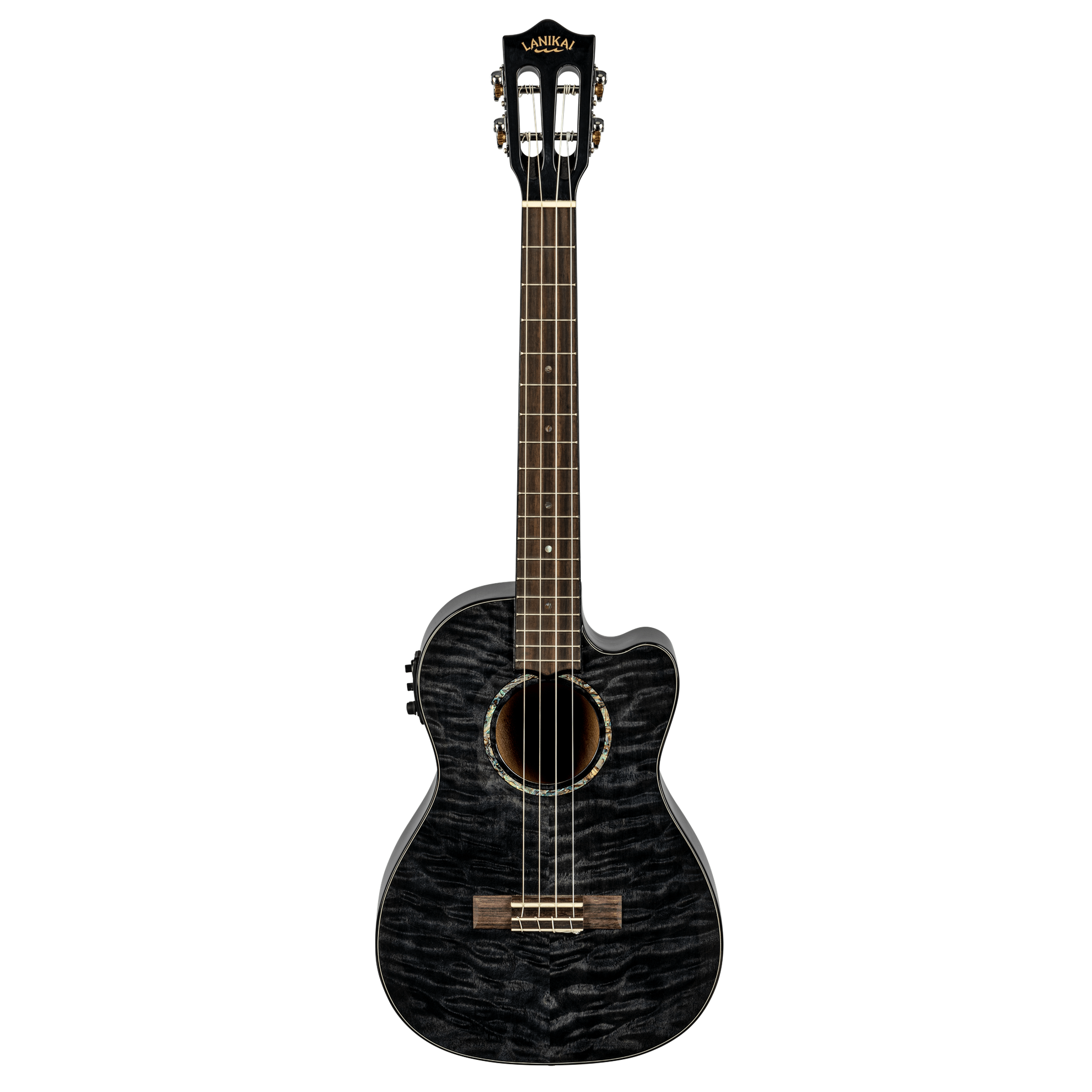 LANIKAI LKUQMBKCEB Baritonukulele, Quilted Maple Series, zwart, Cutaway, Preamp,