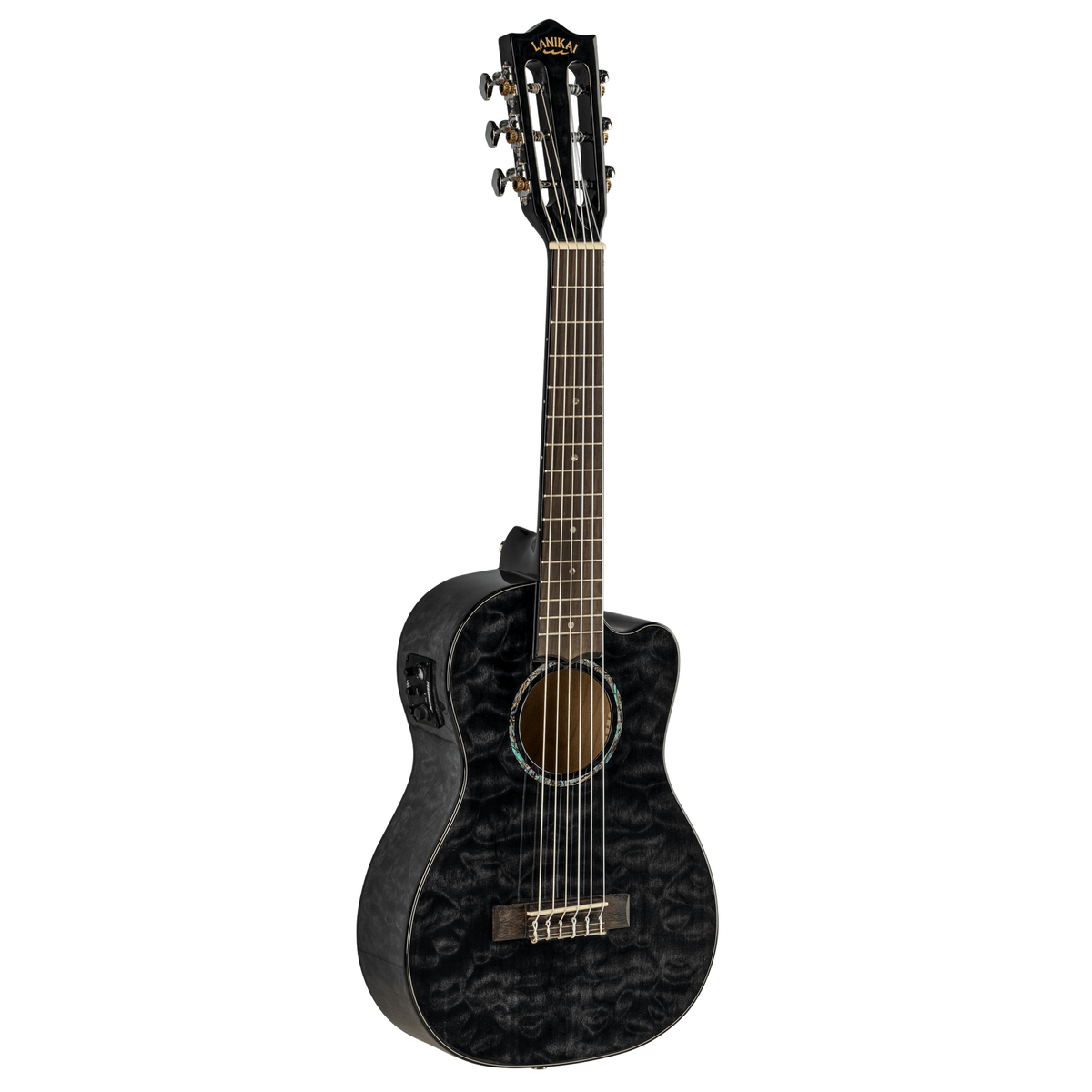 LANIKAI LKUQMBKCEG Guitarlele, Quilted Maple Serie, Black, Cutaway, Preamp, Softc