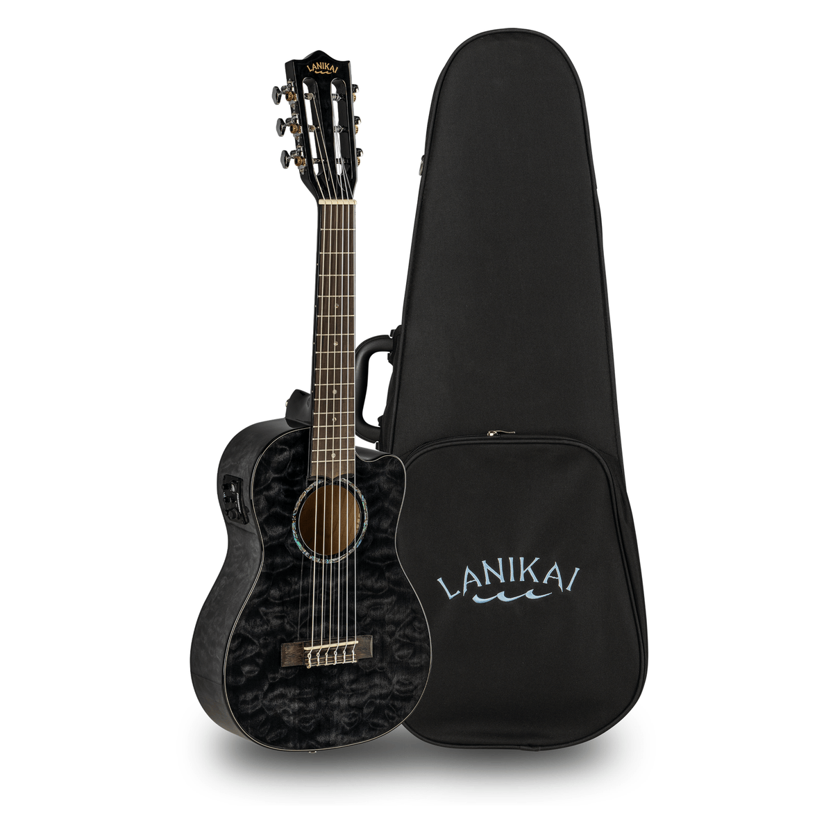 LANIKAI LKUQMBKCEG Guitarlele, Quilted Maple Serie, Black, Cutaway, Preamp, Softc